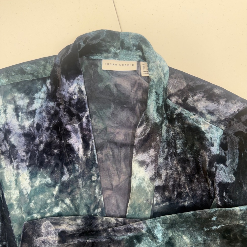 Susan Graver Womens 1X Teal Blue Crushed Velvet Tie Dye Open Front Cardigan